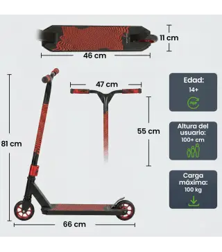 Scooter Acrobático para Trucos Patinete Freestyle con Rodamientos ABEC-9 Ruedas 120 mm Giro 360° para Skatepark Rojo