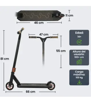 Scooter Acrobático para Trucos Patinete Freestyle con Rodamientos ABEC-9 Ruedas 120 mm Giro 360° para Skatepark Dorado
