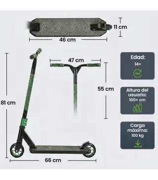 Scooter Acrobático para Trucos Patinete Freestyle con Rodamientos ABEC-9 Ruedas 120 mm Giro 360° para Skatepark Verde