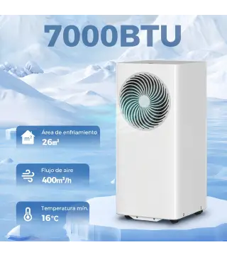 Aire Acondicionado Portátil 7000 BTU 4 en 1 Enfriamiento Deshumidificador Ventilador Modo de Sueño para 26 m² Blanco