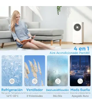 Aire Acondicionado Portátil 7000 BTU 4 en 1 Enfriamiento Deshumidificador Ventilador Modo de Sueño para 26 m² Blanco