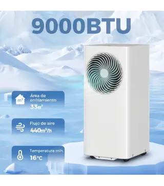 Aire Acondicionado Portátil 9000 BTU 4 en 1 Enfriamiento Deshumidificador Ventilador Modo de Sueño para 33 m² Blanco