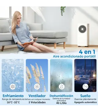 Aire Acondicionado Portátil 9000 BTU 4 en 1 Enfriamiento Deshumidificador Ventilador Modo de Sueño para 33 m² Blanco