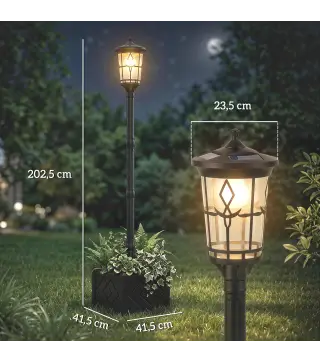 Farola Solar Exterior de Jardín con Macetero 2 Modos de Brillo 100/50 lm IP44 Encendido/Apagado Automático Negro
