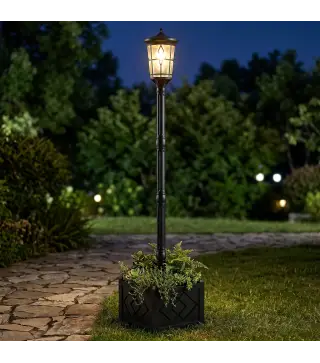 Farola Solar Exterior de Jardín con Macetero 2 Modos de Brillo 100/50 lm IP44 Encendido/Apagado Automático Negro