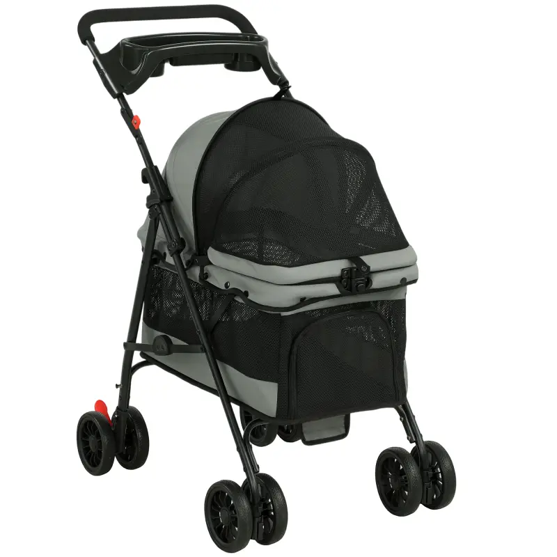 Cochecito para Perros Plegable de 4 Ruedas de EVA Giratorio y Freno Ventanas de Malla Cojín Lavable Portavasos Gris