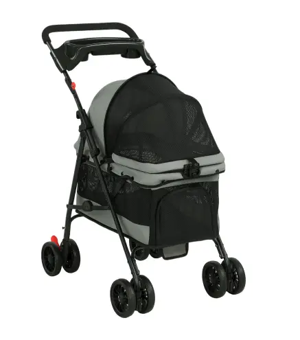 Cochecito para Perros Plegable de 4 Ruedas de EVA Giratorio y Freno Ventanas de Malla Cojín Lavable Portavasos Gris