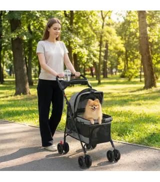 Cochecito para Perros Plegable de 4 Ruedas de EVA Giratorio y Freno Ventanas de Malla Cojín Lavable Portavasos Gris
