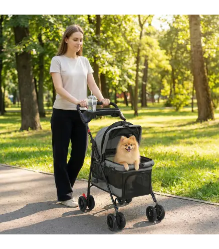 Cochecito para Perros Plegable de 4 Ruedas de EVA Giratorio y Freno Ventanas de Malla Cojín Lavable Portavasos Gris