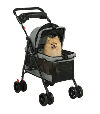 Cochecito para Perros Plegable de 4 Ruedas de EVA Giratorio y Freno Ventanas de Malla Cojín Lavable Portavasos Gris