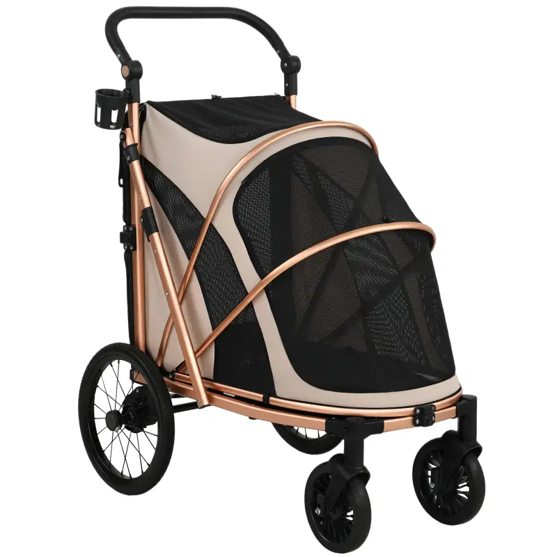 Carrito para Perros Plegable hasta 20 kg con Ruedas Grandes Suspensión y Freno Ventanas de Malla Cojín Marrón Claro