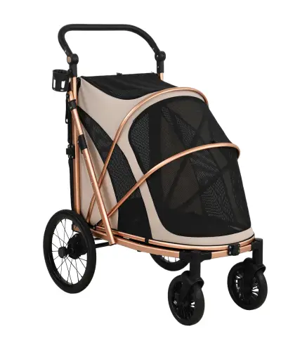 Carrito para Perros Plegable hasta 20 kg con Ruedas Grandes Suspensión y Freno Ventanas de Malla Cojín Marrón Claro