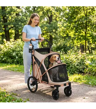 Carrito para Perros Plegable hasta 20 kg con Ruedas Grandes Suspensión y Freno Ventanas de Malla Cojín Marrón Claro