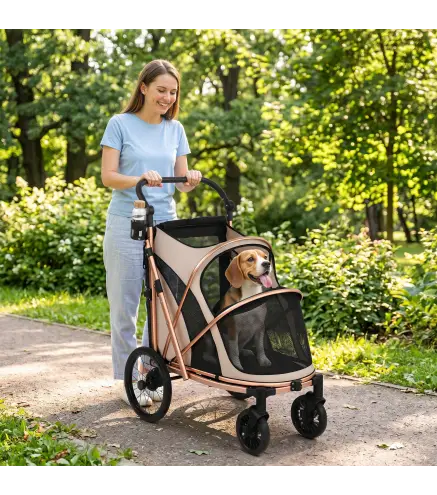 Carrito para Perros Plegable hasta 20 kg con Ruedas Grandes Suspensión y Freno Ventanas de Malla Cojín Marrón Claro