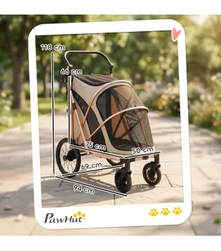 Carrito para Perros Plegable hasta 20 kg con Ruedas Grandes Suspensión y Freno Ventanas de Malla Cojín Marrón Claro