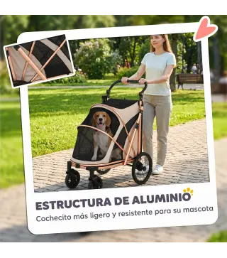 Carrito para Perros Plegable hasta 20 kg con Ruedas Grandes Suspensión y Freno Ventanas de Malla Cojín Marrón Claro