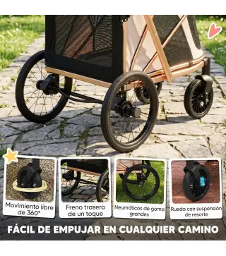 Carrito para Perros Plegable hasta 20 kg con Ruedas Grandes Suspensión y Freno Ventanas de Malla Cojín Marrón Claro