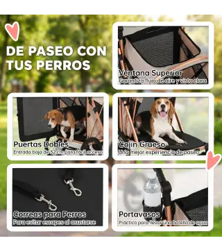 Carrito para Perros Plegable hasta 20 kg con Ruedas Grandes Suspensión y Freno Ventanas de Malla Cojín Marrón Claro