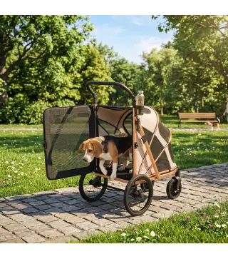 Carrito para Perros Plegable hasta 20 kg con Ruedas Grandes Suspensión y Freno Ventanas de Malla Cojín Marrón Claro