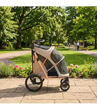Carrito para Perros Plegable hasta 20 kg con Ruedas Grandes Suspensión y Freno Ventanas de Malla Cojín Marrón Claro