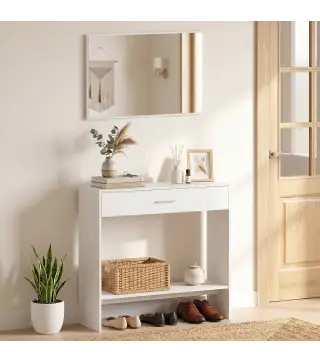 Recibidor de Entrada con Espejo Cajón y Estante Mueble de Recibidor para Pasillo 91,5x27,9x85,5 cm Blanco