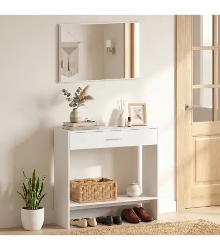 Recibidor de Entrada con Espejo Cajón y Estante Mueble de Recibidor para Pasillo 91,5x27,9x85,5 cm Blanco