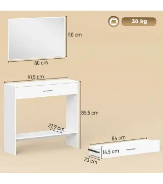 Recibidor de Entrada con Espejo Cajón y Estante Mueble de Recibidor para Pasillo 91,5x27,9x85,5 cm Blanco
