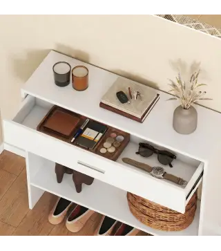 Recibidor de Entrada con Espejo Cajón y Estante Mueble de Recibidor para Pasillo 91,5x27,9x85,5 cm Blanco