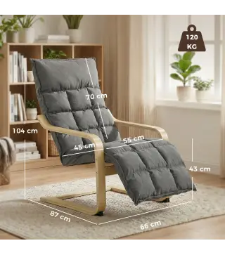 Butaca de Salón Tapizada en Lino con Reposapiés con Balanceo Suave Respaldo Alto Asiento Amplio Gris