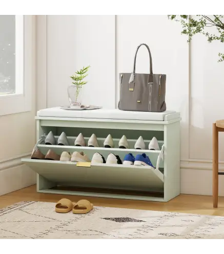 Banco Zapatero con Asiento Acolchado Cajón Abatible Estante Ajustable para Entrada Dormitorio 80x26x47,5 cm Verde Claro