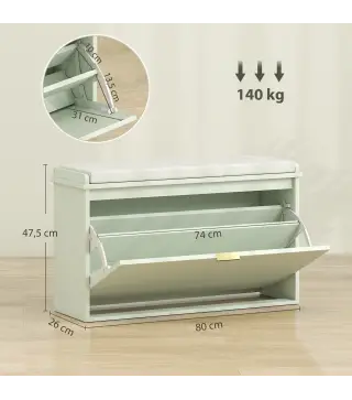 Banco Zapatero con Asiento Acolchado Cajón Abatible Estante Ajustable para Entrada Dormitorio 80x26x47,5 cm Verde Claro