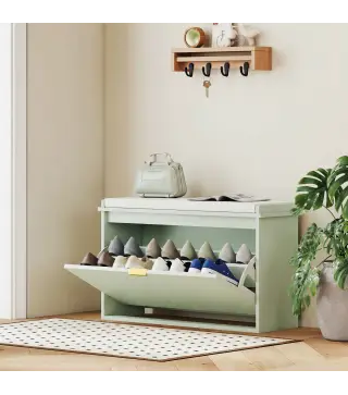 Banco Zapatero con Asiento Acolchado Cajón Abatible Estante Ajustable para Entrada Dormitorio 80x26x47,5 cm Verde Claro