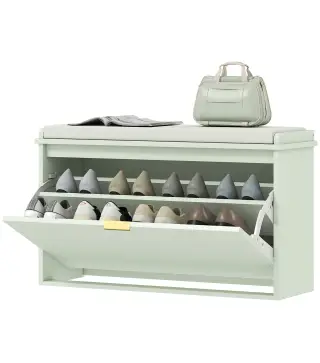 Banco Zapatero con Asiento Acolchado Cajón Abatible Estante Ajustable para Entrada Dormitorio 80x26x47,5 cm Verde Claro