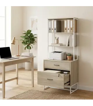 Mueble Archivador con Estantería 2 Cajones Encimera para Impresora Cerradura para A4 Letter Legal Roble