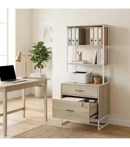 Mueble Archivador con Estantería 2 Cajones Encimera para Impresora Cerradura para A4 Letter Legal Roble