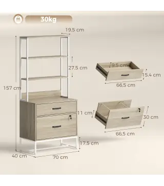 Mueble Archivador con Estantería 2 Cajones Encimera para Impresora Cerradura para A4 Letter Legal Roble