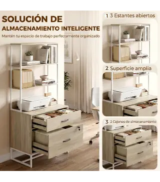 Mueble Archivador con Estantería 2 Cajones Encimera para Impresora Cerradura para A4 Letter Legal Roble