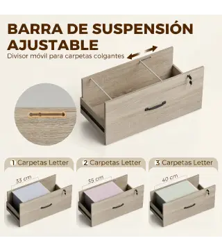 Mueble Archivador con Estantería 2 Cajones Encimera para Impresora Cerradura para A4 Letter Legal Roble