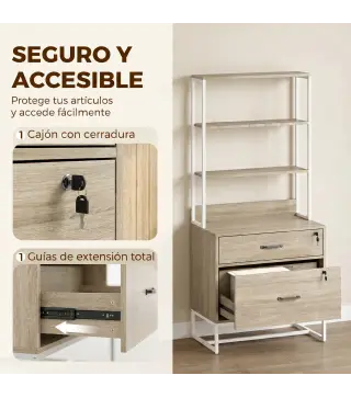 Mueble Archivador con Estantería 2 Cajones Encimera para Impresora Cerradura para A4 Letter Legal Roble