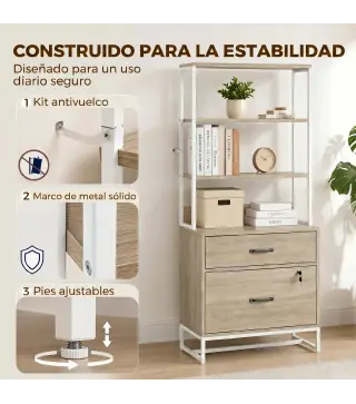 Mueble Archivador con Estantería 2 Cajones Encimera para Impresora Cerradura para A4 Letter Legal Roble