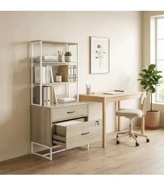 Mueble Archivador con Estantería 2 Cajones Encimera para Impresora Cerradura para A4 Letter Legal Roble