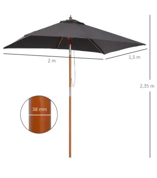 Sombrilla de Jardín Rectangular 200x150x235 cm Inclinable con Anti-UV y Poste de Madera para Terraza Patio Gris Oscuro
