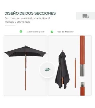 Sombrilla de Jardín Rectangular 200x150x235 cm Inclinable con Anti-UV y Poste de Madera para Terraza Patio Gris Oscuro