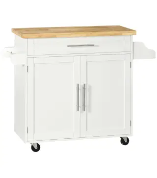 Isla de Cocina con Ruedas con Cajón 2 Puertas Especiero Barra para Paños y Estante Ajustable 109x40x89 cm Blanco