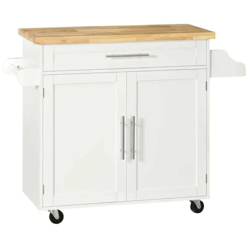 Isla de Cocina con Ruedas con Cajón 2 Puertas Especiero Barra para Paños y Estante Ajustable 109x40x89 cm Blanco Isla de Cocina con Ruedas con Cajón 2 Puertas Especiero Barra para Paños y Estante Ajustable 109x40x89 cm Blanco