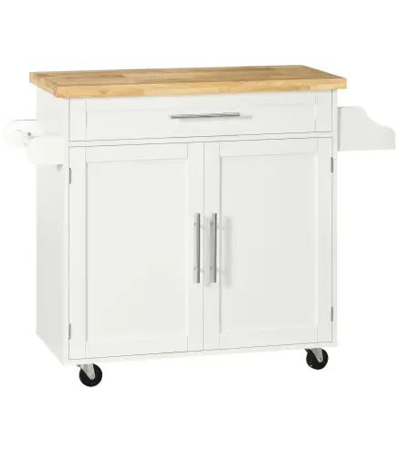 Isla de Cocina con Ruedas con Cajón 2 Puertas Especiero Barra para Paños y Estante Ajustable 109x40x89 cm Blanco