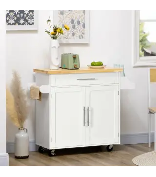 Isla de Cocina con Ruedas con Cajón 2 Puertas Especiero Barra para Paños y Estante Ajustable 109x40x89 cm Blanco