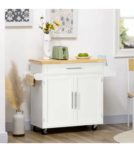 Isla de Cocina con Ruedas con Cajón 2 Puertas Especiero Barra para Paños y Estante Ajustable 109x40x89 cm Blanco