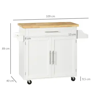 Isla de Cocina con Ruedas con Cajón 2 Puertas Especiero Barra para Paños y Estante Ajustable 109x40x89 cm Blanco
