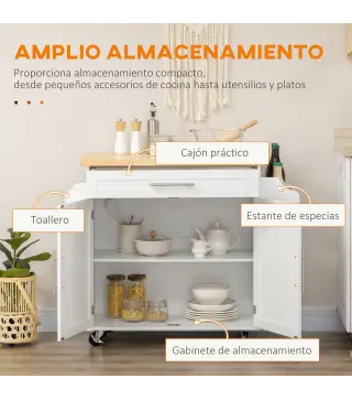 Isla de Cocina con Ruedas con Cajón 2 Puertas Especiero Barra para Paños y Estante Ajustable 109x40x89 cm Blanco